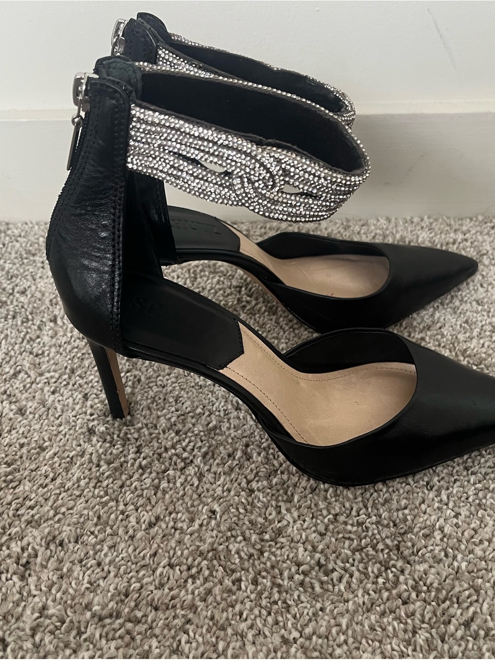 SCHUTZ Black Pointed-Toe Stiletto Heels with Crystal Ankle Strap